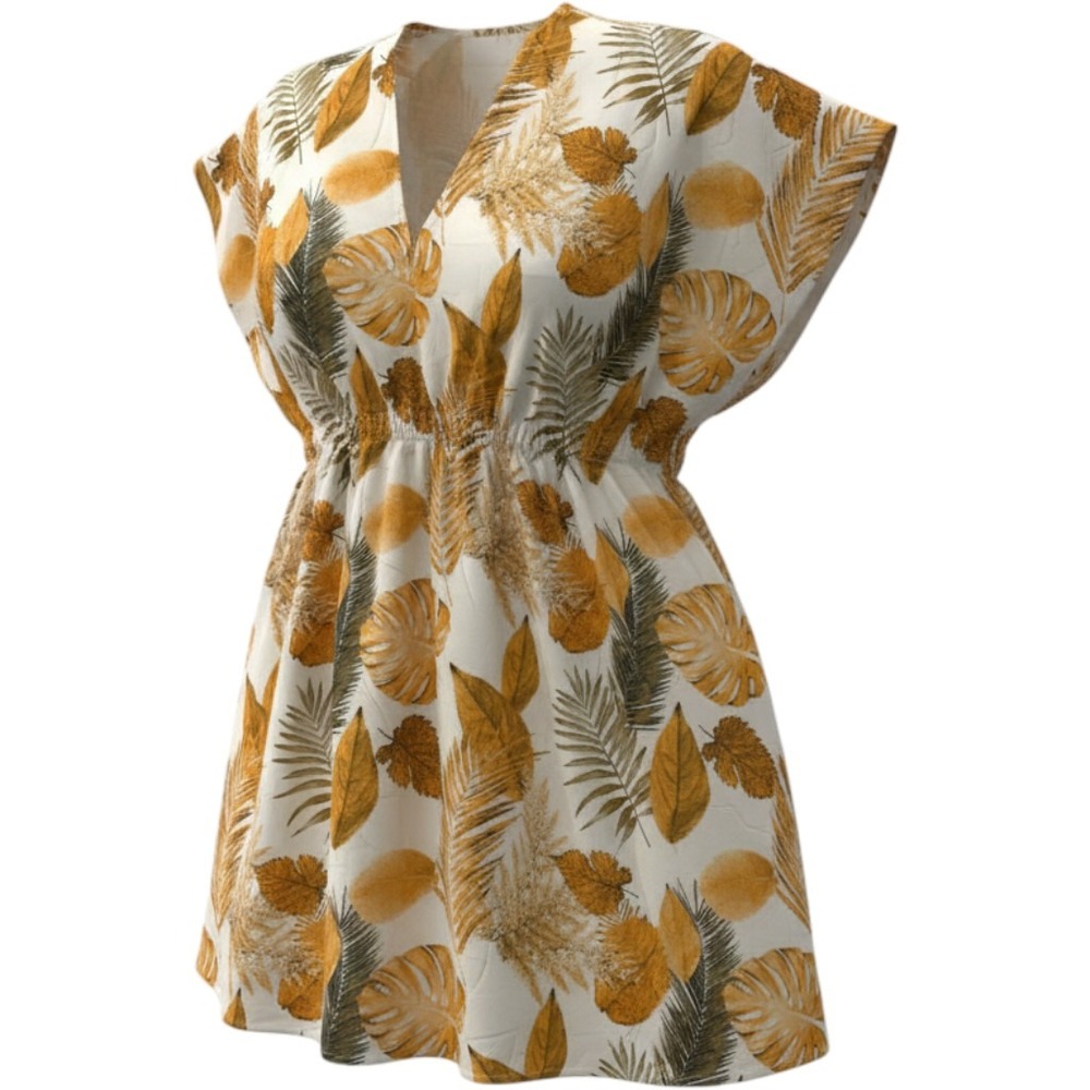 (A8) Entro Women Mustard Yellow Tropical Leaf Print Smocked Waist Tunic Dress M